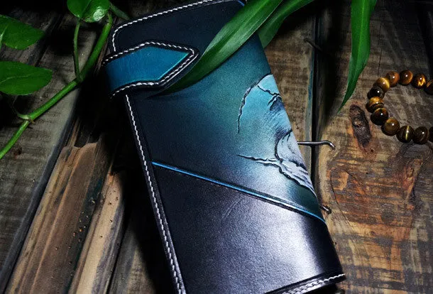 Handmade leather Biker wallet chain wallet long skull wallet leather mens Tooled wallet