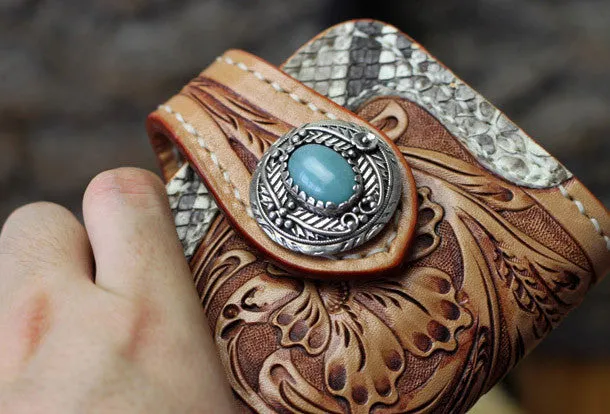 Handmade leather biker wallet floral carved chian bifold Long wallet purse for men