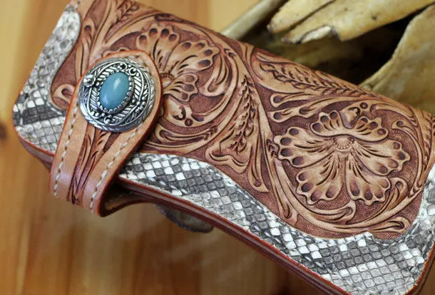 Handmade leather biker wallet floral carved chian bifold Long wallet purse for men
