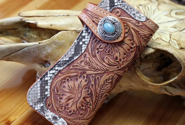 Handmade leather biker wallet floral carved chian bifold Long wallet purse for men