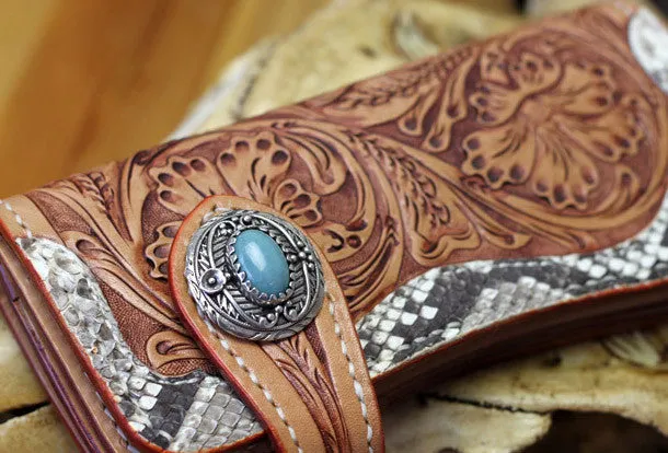 Handmade leather biker wallet floral carved chian bifold Long wallet purse for men