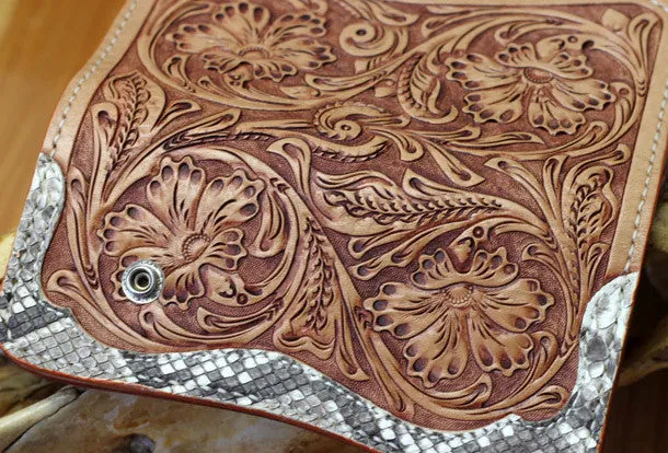 Handmade leather biker wallet floral carved chian bifold Long wallet purse for men