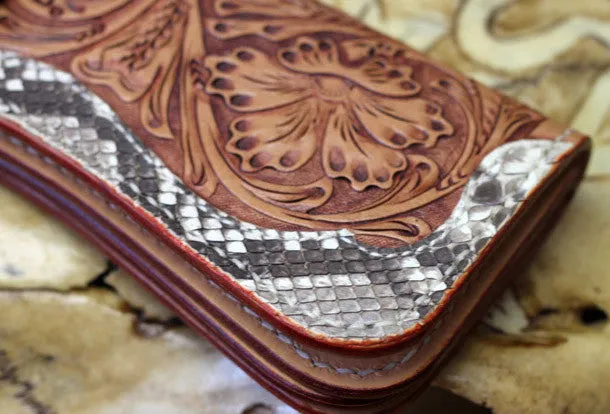 Handmade leather biker wallet floral carved chian bifold Long wallet purse for men