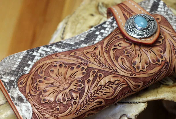 Handmade leather biker wallet floral carved chian bifold Long wallet purse for men