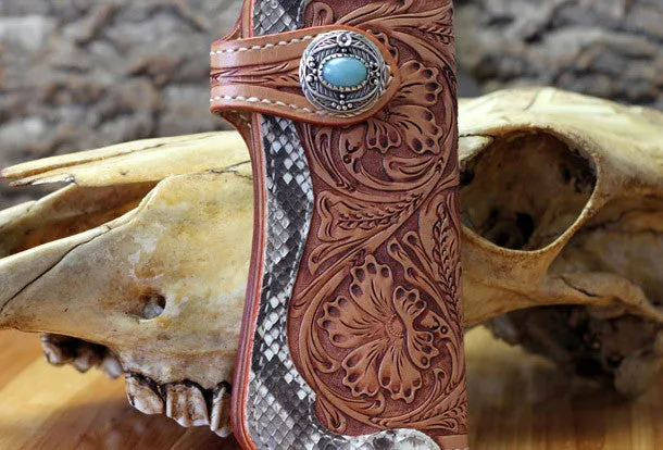 Handmade leather biker wallet floral carved chian bifold Long wallet purse for men