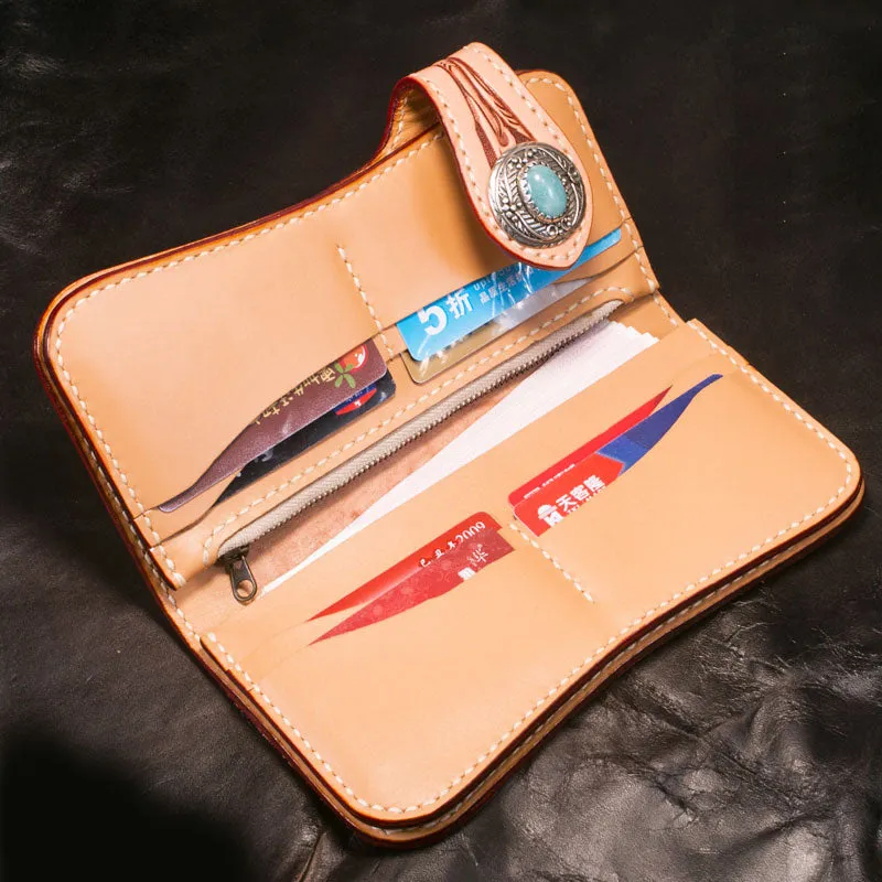 Handmade leather biker wallet floral carved chian bifold Long wallet purse for men
