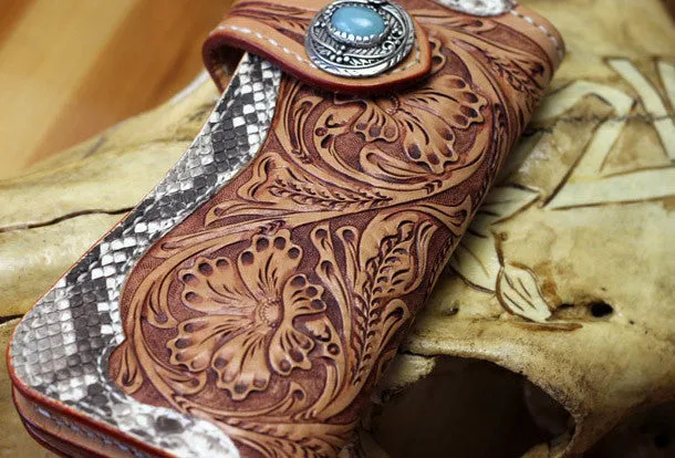 Handmade leather biker wallet floral carved chian bifold Long wallet purse for men