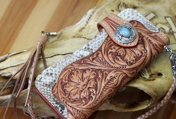 Handmade leather biker wallet floral carved chian bifold Long wallet purse for men
