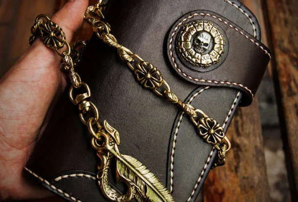 Handmade leather billfold biker trucker wallet black leather chain men wallet