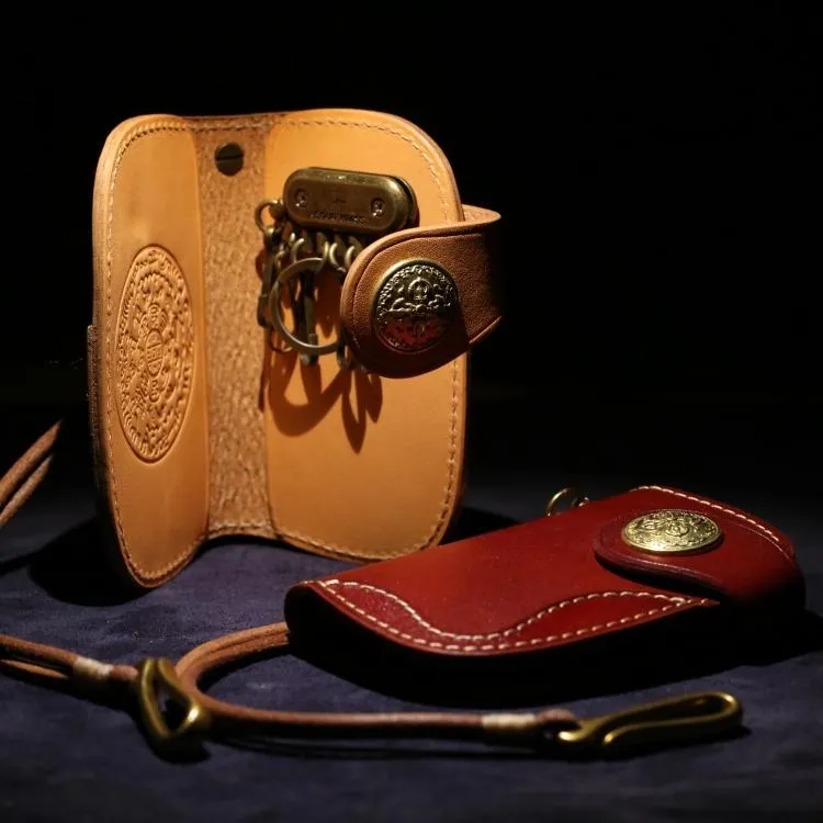 Handmade Leather billfold Biker Wallet Mens Cool Car Key Wallet Pouch Car KeyChain for Men