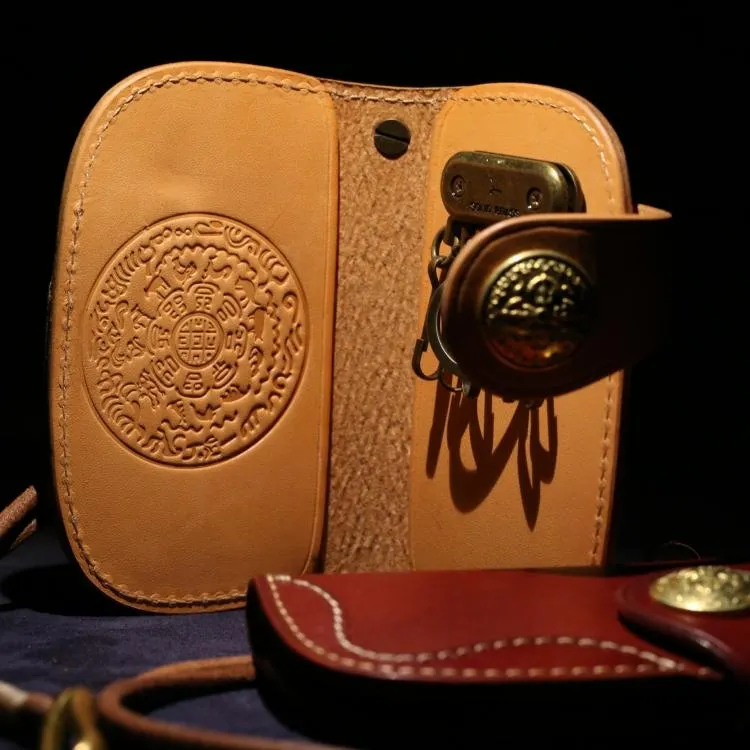Handmade Leather billfold Biker Wallet Mens Cool Car Key Wallet Pouch Car KeyChain for Men