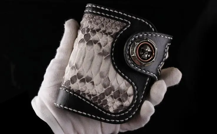 Handmade Leather billfold Mens Chain Biker Wallet Cool Boa Skin Wallet With Chain Wallets for Men