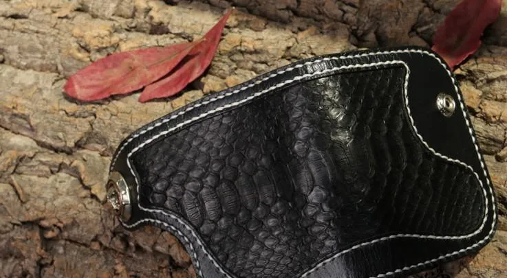 Handmade Leather billfold Mens Chain Biker Wallet Cool Boa Skin Wallet With Chain Wallets for Men