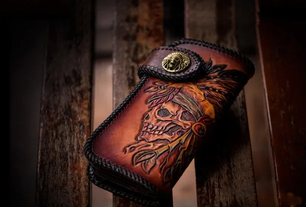 Handmade leather brown indian skull carved biker wallet bifold long wallet for men