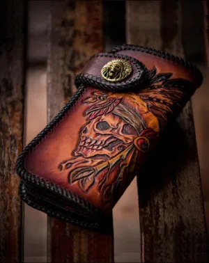 Handmade leather brown indian skull carved biker wallet bifold long wallet for men