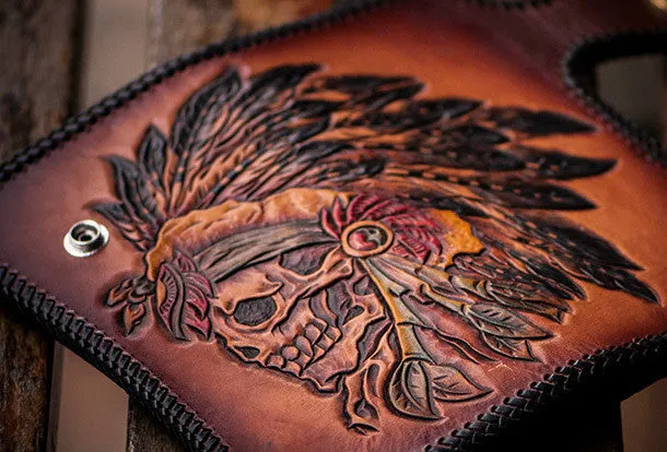 Handmade leather brown indian skull carved biker wallet bifold long wallet for men