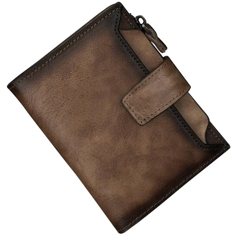 Handmade Leather Brown Men's Zipper Small billfold Wallet Bifold Wallet Card Wallet For Men
