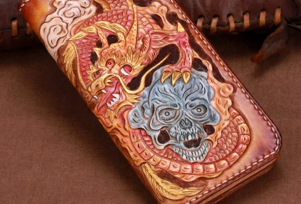 Handmade leather brown skull wallet leather long men clutch Tooled wallet