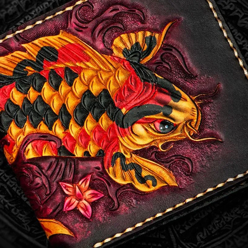 Handmade Leather Carp Tooled Mens Small Wallet Cool Leather Wallet billfold Wallet for Men