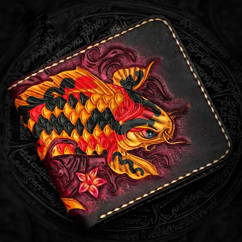 Handmade Leather Carp Tooled Mens Small Wallet Cool Leather Wallet billfold Wallet for Men