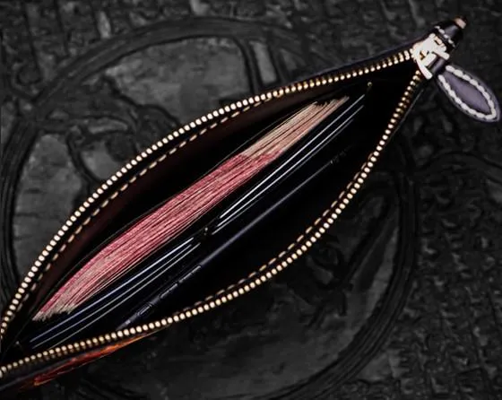 Handmade Leather Carp Tooled Wristlet Bag iPad Bag Mens Cool Leather Wallet Long Clutch for Men