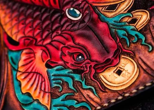 Handmade Leather Carp Tooled Wristlet Bag iPad Bag Mens Cool Leather Wallet Long Clutch for Men