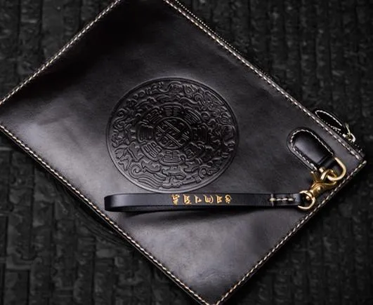 Handmade Leather Carp Tooled Wristlet Bag iPad Bag Mens Cool Leather Wallet Long Clutch for Men