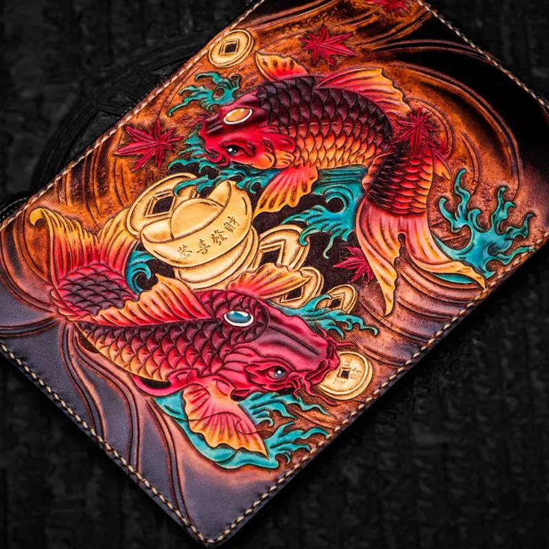 Handmade Leather Carp Tooled Wristlet Bag iPad Bag Mens Cool Leather Wallet Long Clutch for Men