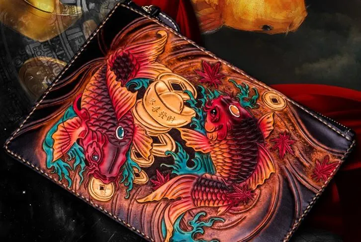 Handmade Leather Carp Tooled Wristlet Bag iPad Bag Mens Cool Leather Wallet Long Clutch for Men