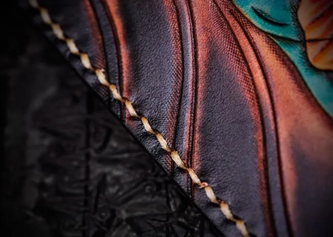 Handmade Leather Carp Tooled Wristlet Bag iPad Bag Mens Cool Leather Wallet Long Clutch for Men
