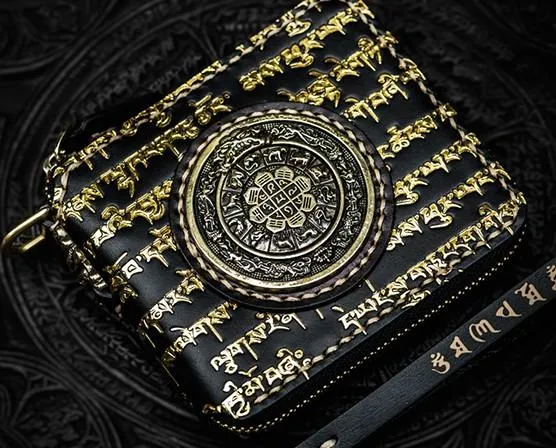 Handmade Leather Chain Wallet Tooled Tibetan Biker Wallet Mens Cool billfold Trucker Wallet with Chain