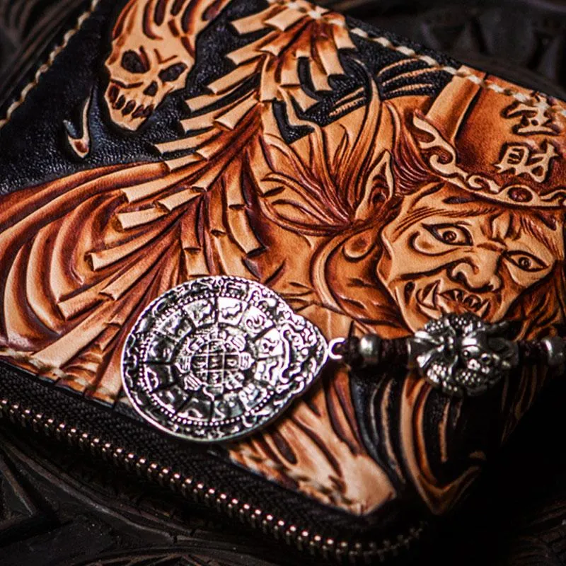 Handmade Leather Chinese Black&White Tooled Mens Small Wallet Cool Leather Wallet billfold Wallet for Men