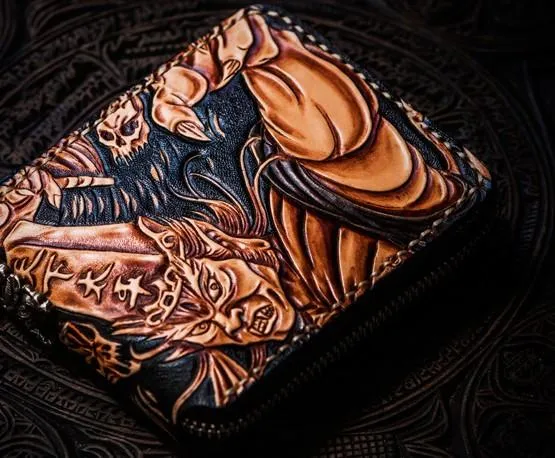 Handmade Leather Chinese Black&White Tooled Mens Small Wallet Cool Leather Wallet billfold Wallet for Men