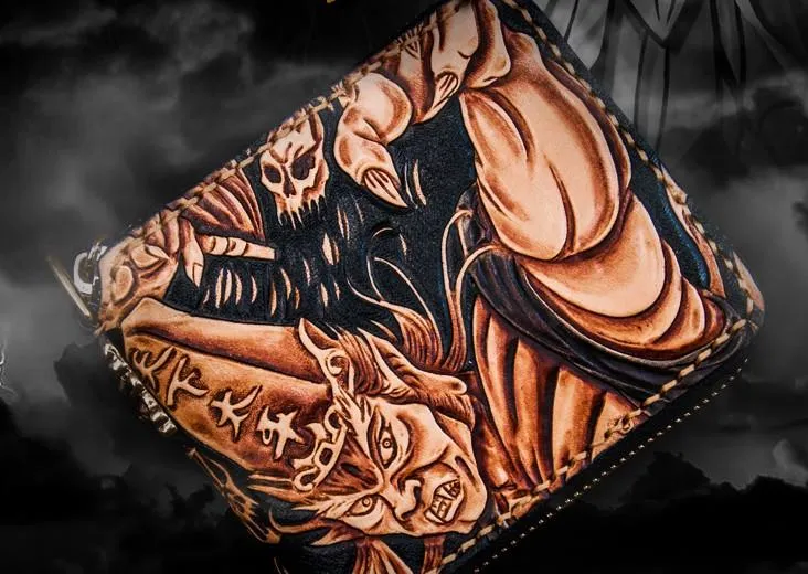 Handmade Leather Chinese Black&White Tooled Mens Small Wallet Cool Leather Wallet billfold Wallet for Men