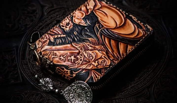 Handmade Leather Chinese Black&White Tooled Mens Small Wallet Cool Leather Wallet billfold Wallet for Men