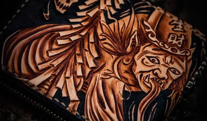 Handmade Leather Chinese Black&White Tooled Mens Small Wallet Cool Leather Wallet billfold Wallet for Men