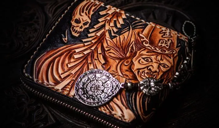 Handmade Leather Chinese Black&White Tooled Mens Small Wallet Cool Leather Wallet billfold Wallet for Men