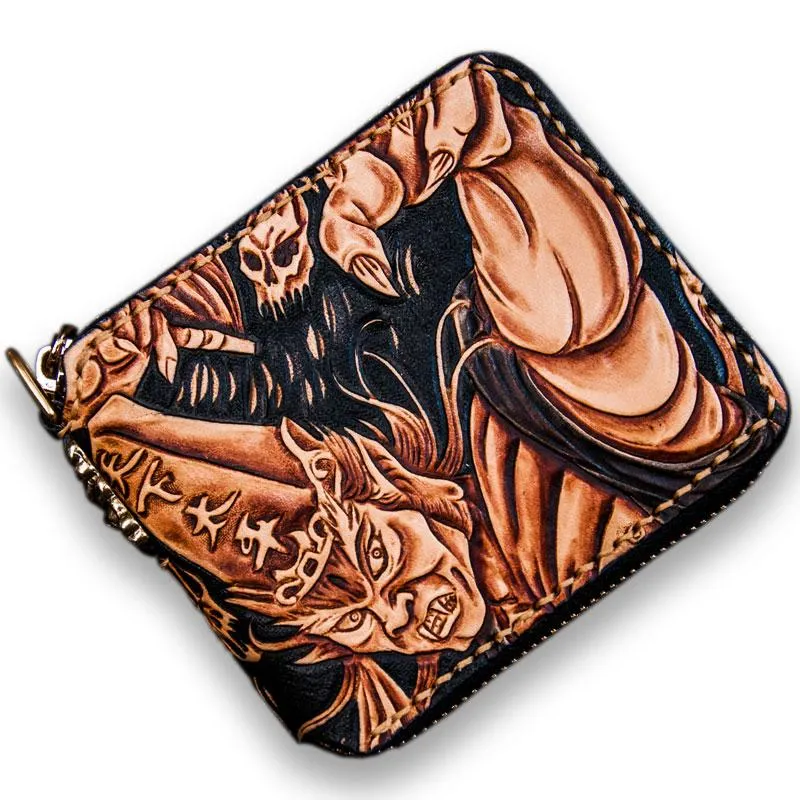 Handmade Leather Chinese Black&White Tooled Mens Small Wallet Cool Leather Wallet billfold Wallet for Men