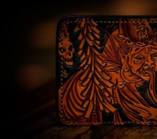 Handmade Leather Chinese Black&White Tooled Small Wallet Mens billfold Wallet Cool Leather Wallet for Men
