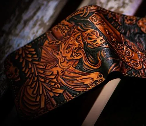 Handmade Leather Chinese Black&White Tooled Small Wallet Mens billfold Wallet Cool Leather Wallet for Men