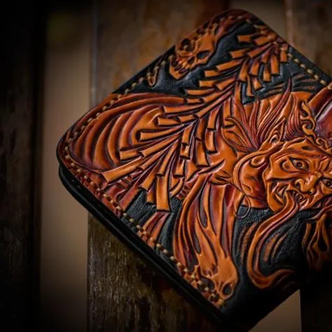 Handmade Leather Chinese Black&White Tooled Small Wallet Mens billfold Wallet Cool Leather Wallet for Men
