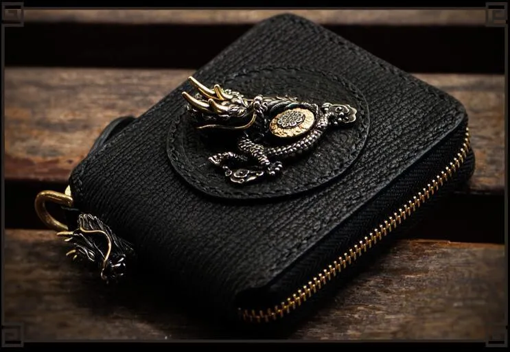 Handmade Leather Chinese Dragon Tooled Mens billfold Wallet Cool Chain Wallets Biker Wallet for Men