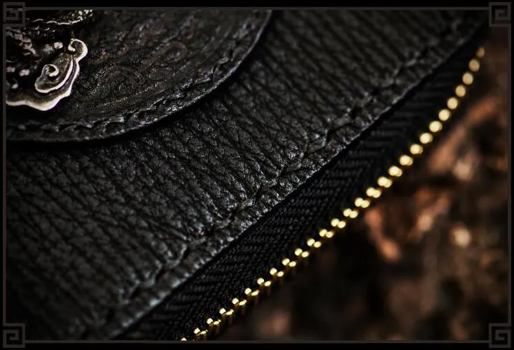 Handmade Leather Chinese Dragon Tooled Mens billfold Wallet Cool Chain Wallets Biker Wallet for Men