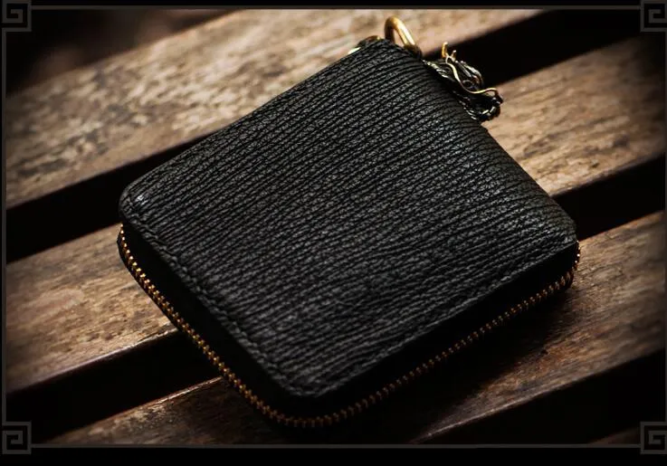Handmade Leather Chinese Dragon Tooled Mens billfold Wallet Cool Chain Wallets Biker Wallet for Men