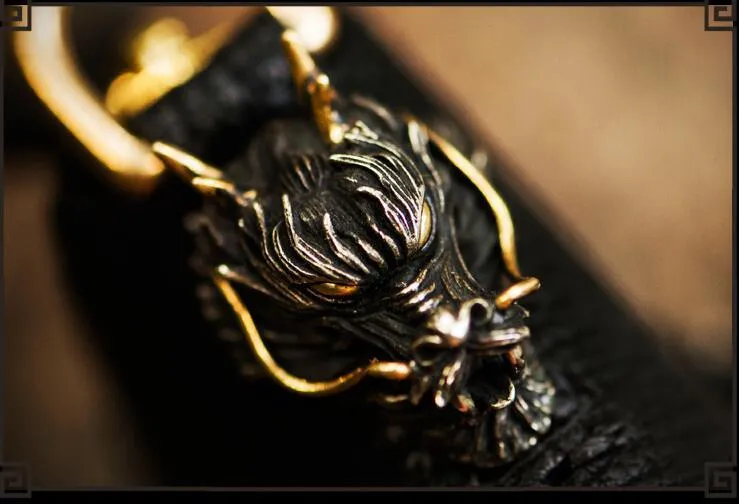 Handmade Leather Chinese Dragon Tooled Mens billfold Wallet Cool Chain Wallets Biker Wallet for Men
