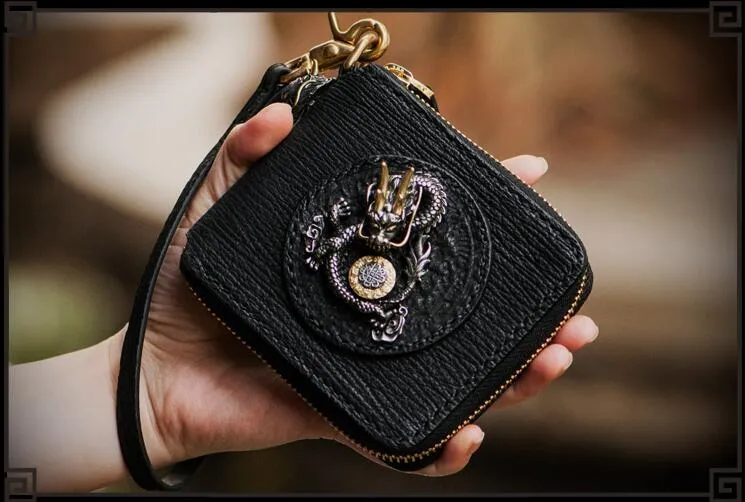 Handmade Leather Chinese Dragon Tooled Mens billfold Wallet Cool Chain Wallets Biker Wallet for Men