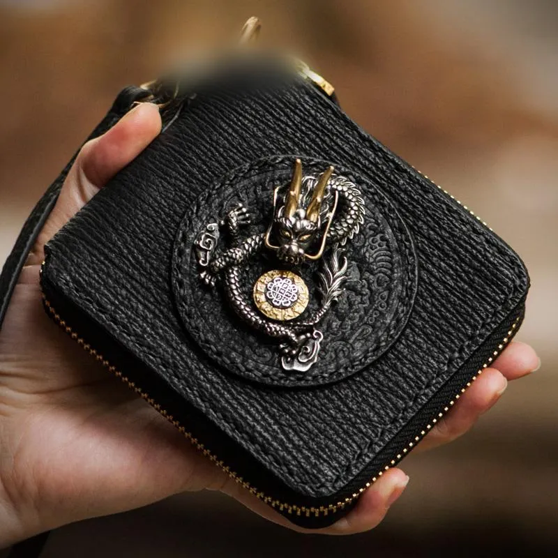 Handmade Leather Chinese Dragon Tooled Mens billfold Wallet Cool Chain Wallets Biker Wallet for Men