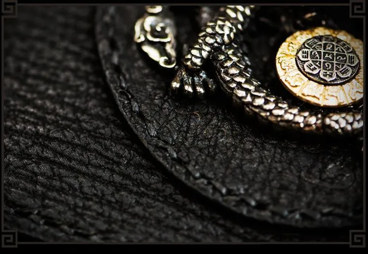 Handmade Leather Chinese Dragon Tooled Mens billfold Wallet Cool Chain Wallets Biker Wallet for Men