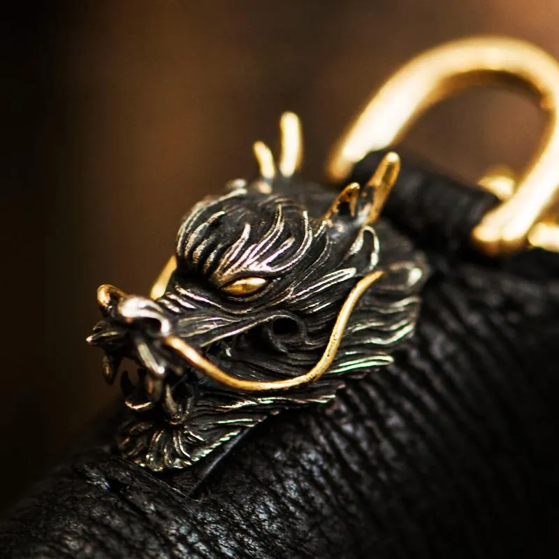 Handmade Leather Chinese Dragon Tooled Mens billfold Wallet Cool Chain Wallets Biker Wallet for Men