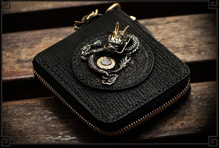 Handmade Leather Chinese Dragon Tooled Mens billfold Wallet Cool Chain Wallets Biker Wallet for Men